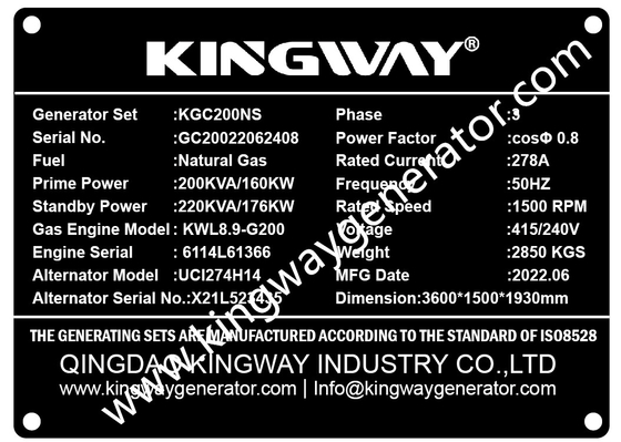 কামিন্স ইঞ্জিন কিংওয়ে 125KVA নীরব প্রাকৃতিক গ্যাস জেনারেটর বিক্রয়ের জন্য